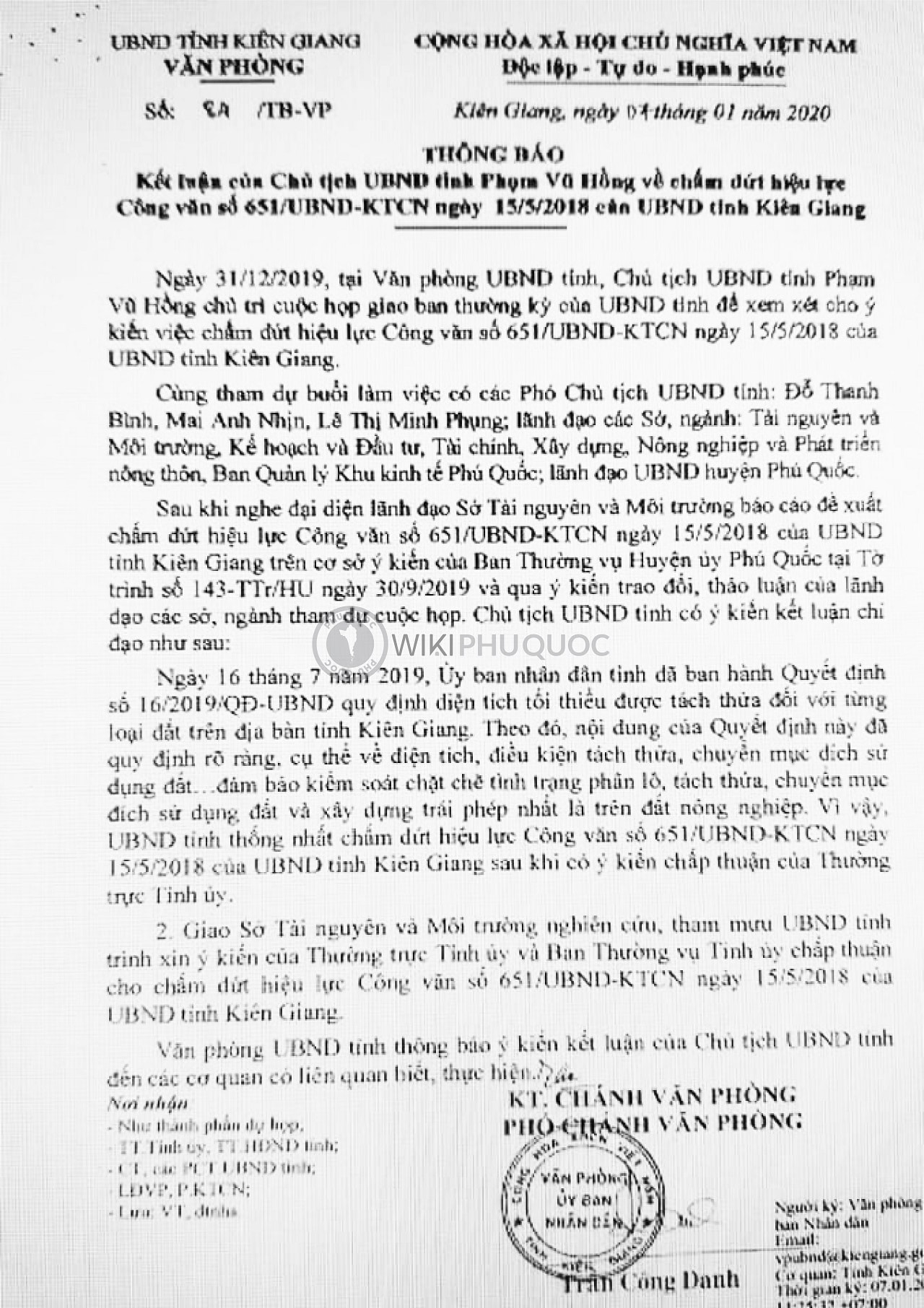 Kết luận của chủ tịch Phú Quốc về chấm dứt hiệu lực công văn số 651-UBND tỉnh Kiên Giang